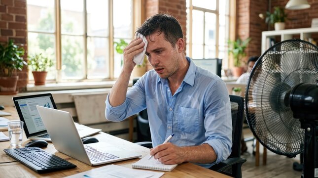 A man is sweating profusely while working in an office, wiping his forehead with a napkin. He's seated at a desk with a laptop, notepad, and pen, and a fan is visible in the background