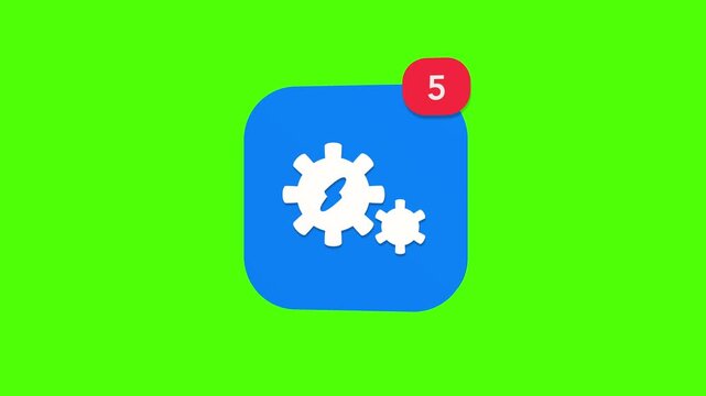 3D blue double interlocking mechanical cog gear structure with a central flash lightning symbol representing electrical engineering notification icon popping up on green screen.