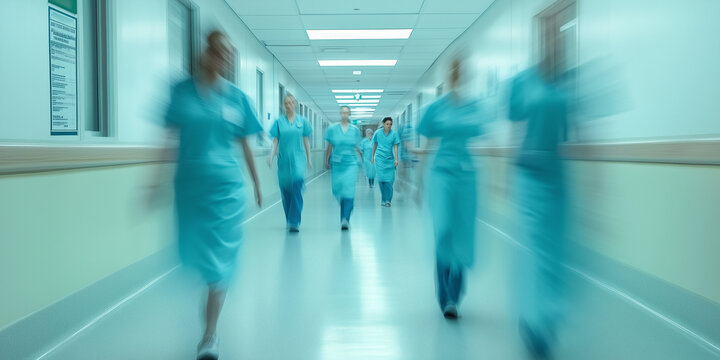 A perspective view with intentional camera movement showing blurred figures of medical workers walking fast down a bright hospital hallway