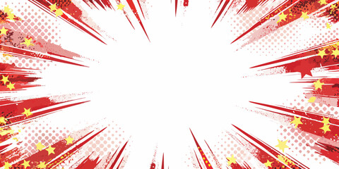 Comic explosion background with red and yellow starbursts halftone dots © Roni