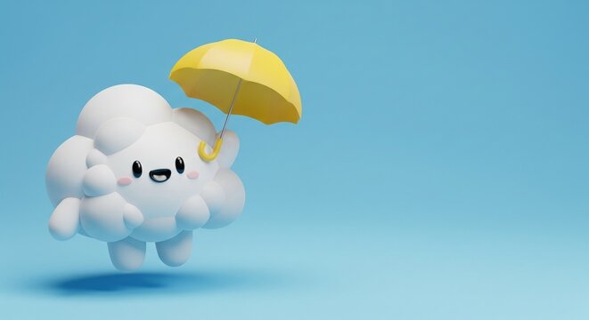 Cute cartoon cloud character holding yellow umbrella in cheerful sky with soft pastel lighting and playful mood