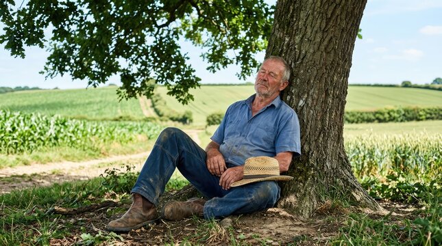 An old farmer takes a rest under a large tree in a field, leaning against its trunk. He is wearing a hat, blue shirt, and jeans, with a straw hat resting on his lap.