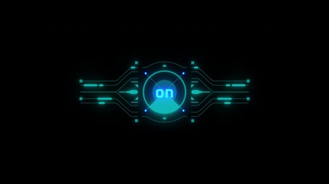 Futuristic digital interface showing on and off status switch with neon glowing HUD graphics.