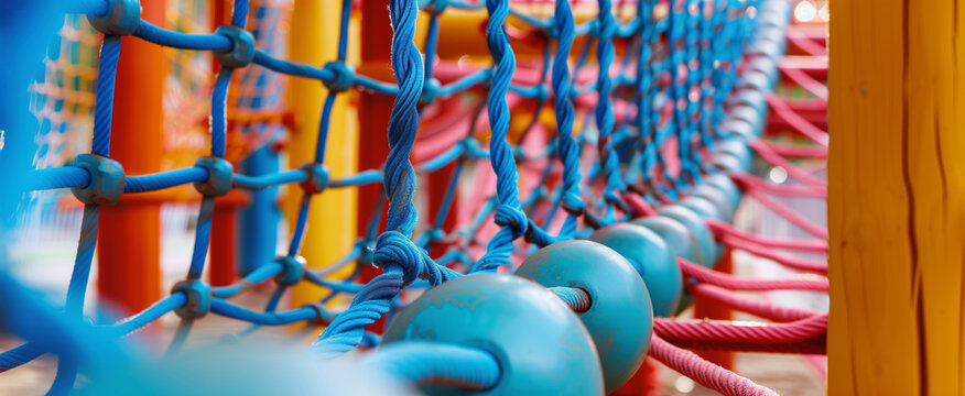A low angle perspective view of a long climbing bridge path made entirely of blue safety ropes and nets under a clear blue sky at a modern kids playground park