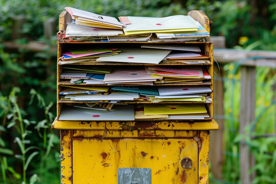 Close up view of a weathered yellow metal outdoor mailbox stuffed to the top with white paper envelopes