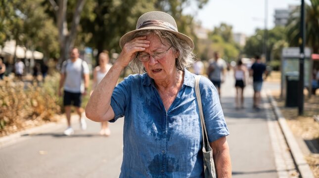 An elderly woman feeling the heat as she wipes her brow in a crowded outdoor setting. The sun is beating down, causing sweat to appear on her blue shirt and forehead