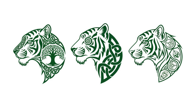 Three Intricate Celtic Tiger Head Designs in Green.