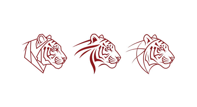 Three stylized tiger head illustrations in red outline.