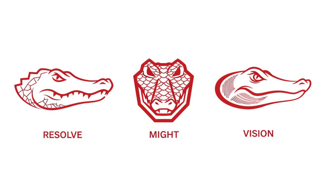 Three stylized alligator heads with different design themes.