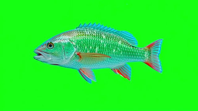 Side view of a vibrant snapper fish swimming isolated on a bright green screen chroma key background