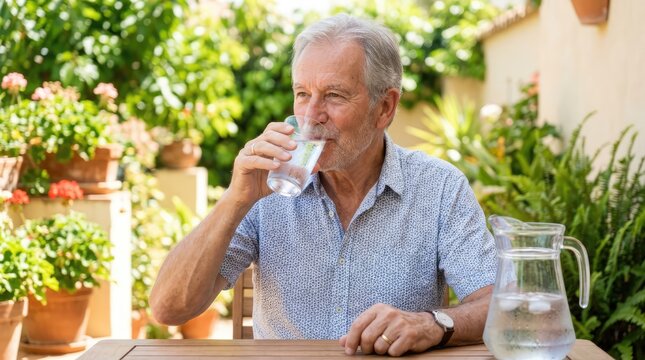 A senior man enjoys a refreshing glass of cool water while sitting at a table in his sunny garden surrounded by vibrant potted plants.