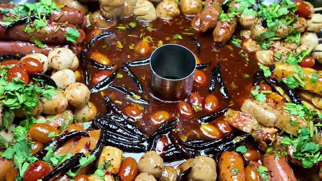 Detailed close up of rich spicy sauce surrounded by assorted Thai street food skewers including sausages, fish balls, tofu, mushrooms and vegetables at a bustling night market. Authentic Thai cuisine 