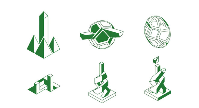 Geometric wireframe shapes in green and white design.