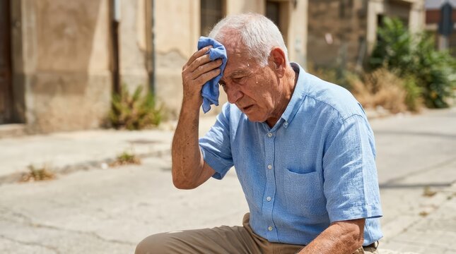 An elderly man wipes sweat from his forehead on a hot summer day. He is sitting outdoors and fanning himself with a cloth