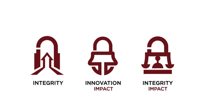 Three icons representing integrity innovation and impact concepts.
