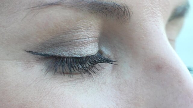 Eye closeup beauty, female face showing long eyelashes and natural makeup, macro shot highlighting intricate skin texture and aesthetic wellness concept
