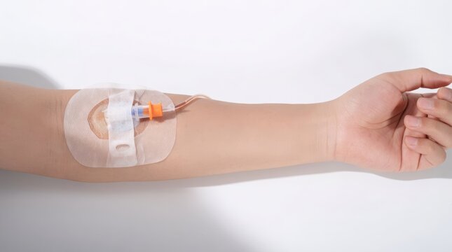 Close-up of an IV catheter inserted into a patient's arm vein with transparent medical bandage on a white background