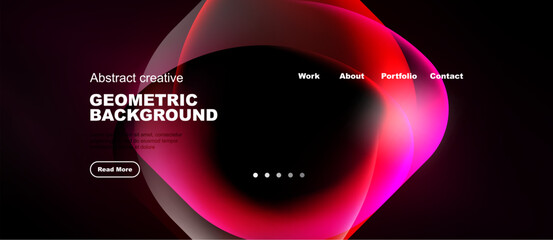 Naklejka premium Modern website design features abstract shapes, vibrant colors, dark background. Navigation includes work, about, portfolio, contact options.