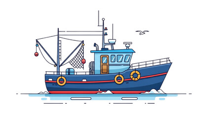 A 2D AutoCAD Vector illustration of a blue fishing boat on water with nets and buoys © Stock Image Paradise