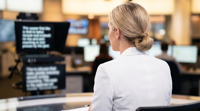News anchor woman reading text from teleprompter in television studio. Professional journalist host presenting broadcast news program.