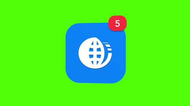 3D blue geometric world globe sphere featuring explicit grid lines parallel longitude latitude mapping with a subtle split shading shadow layout notification icon popping up on green screen.