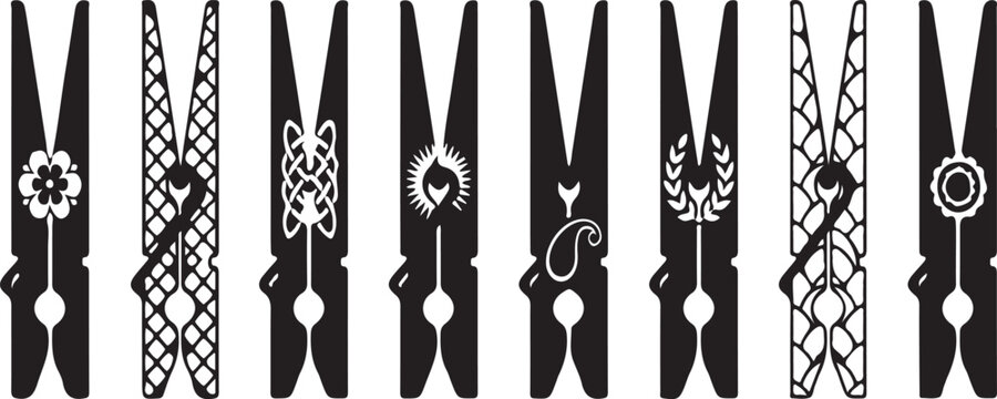 Set of decorative clothespins with various patterns and ornaments