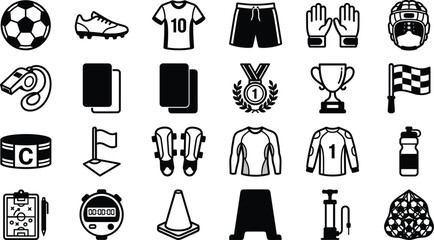 Soccer equipment and football match icon vector illustration set, championship referee gear, training tools, and goalkeeper apparel glyph symbols collection isolated © Akramul