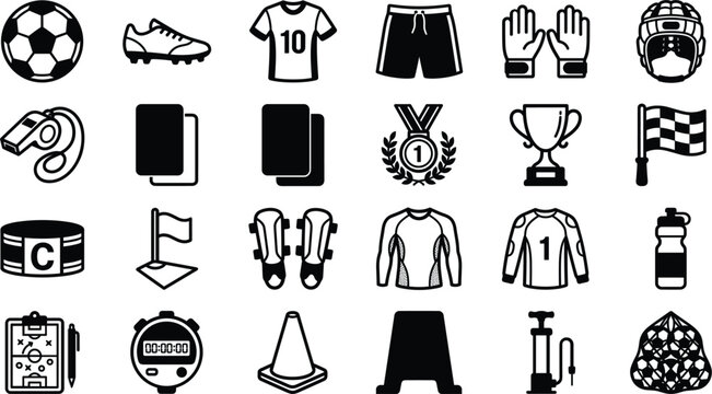 Soccer equipment and football match icon vector illustration set, championship referee gear, training tools, and goalkeeper apparel glyph symbols collection isolated