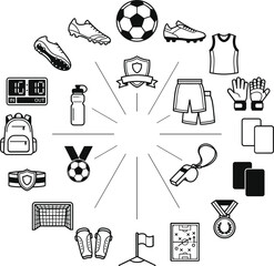 Soccer equipment and football match line icon infographic set, championship referee gear, training tools, and apparel circular map diagram collection isolated © Akramul