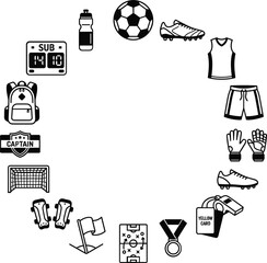 Soccer equipment and football match line icon infographic set, championship referee gear, training tools, and apparel circular map diagram collection isolated © Akramul