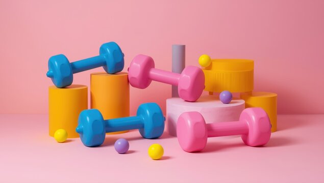 Fitness concept with pink and blue dumbbells and geometric blocks on a vibrant pink background