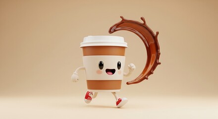 Naklejka premium Animated Coffee Cup Character Jumping with Whisking Motion in Playful 3D Style