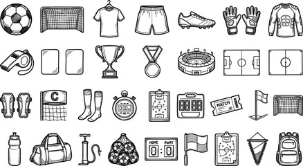 Soccer equipment and football match accessories hand drawn vector illustration set, championship training tools, stadium arena, and referee gear sketch icons collection isolated © Akramul