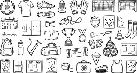 Soccer equipment and football match accessories hand drawn vector illustration set, championship training tools, stadium arena, and referee gear sketch icons collection isolated © Akramul