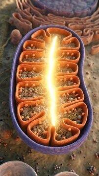 Mitochondrion, cellular organelle generating biological energy, exhibiting light burst within its inner membrane crista structure, illustrating adenosine triphosphate synthesis process.