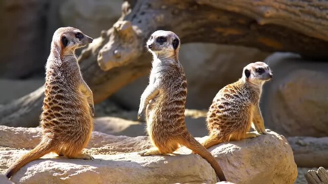 Three Meerkats Standing Alert on Rocks in a Sunny Outdoor Enclosure.
