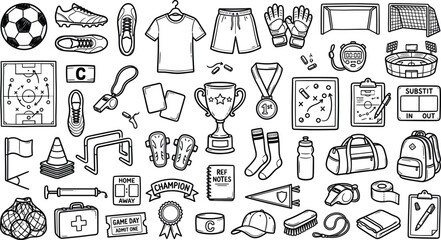Soccer equipment and football match accessories hand drawn vector illustration set, championship training tools, stadium arena, and referee gear sketch icons collection isolated © Akramul
