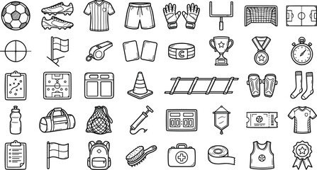 Soccer equipment and football match accessories hand drawn vector illustration set, championship training tools, stadium arena, and referee gear sketch icons collection isolated © Akramul