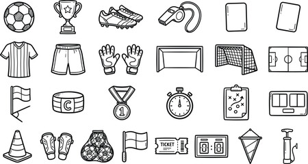 Soccer equipment and football match accessories hand drawn vector illustration set, championship training tools, stadium arena, and referee gear sketch icons collection isolated © Akramul