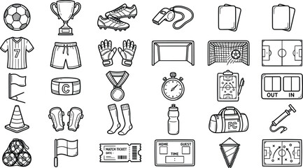 Soccer equipment and football match accessories hand drawn vector illustration set, championship training tools, stadium arena, and referee gear sketch icons collection isolated © Akramul
