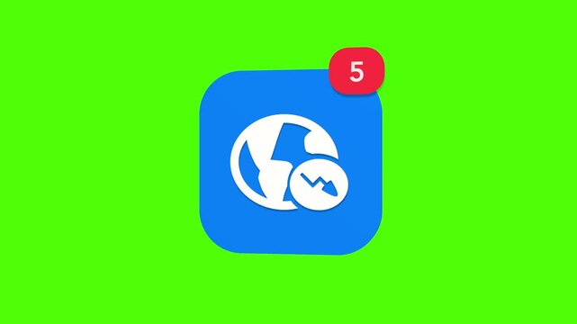 3D blue earth world map globe combined with a direct descending red line graph arrow showing sudden economic market crash notification icon popping up on green screen.