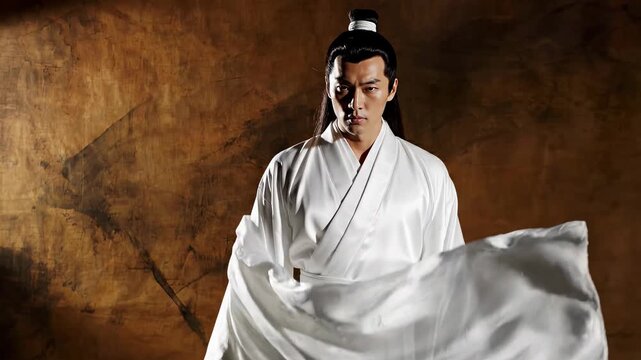 Martial artist performs movements with white fabric, expressing skill in martial arts. Indoor setting with dramatic backdrop. Concept martial arts, performance art, fitness