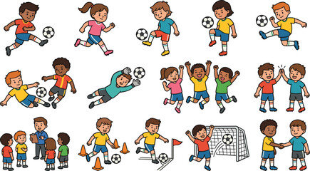 Fototapeta premium Cute kids soccer player movements cartoon doodle vector illustration set, diverse children football athletes kicking, dribbling, diving goalkeeper, and celebrating victory collection isolated