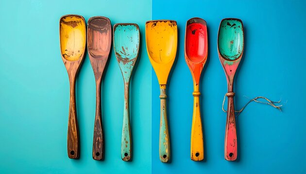 A row of seven colorful, worn wooden spoons on a blue background