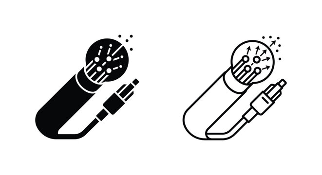 Fiber optic cable icon set with connector and light transmission lines for network communication Vector
