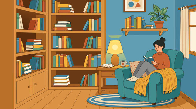 Clean flat vector illustration on a light background showing a cozy home library with a reader in an armchair, ideal for literacy, education, or relaxation promotions.