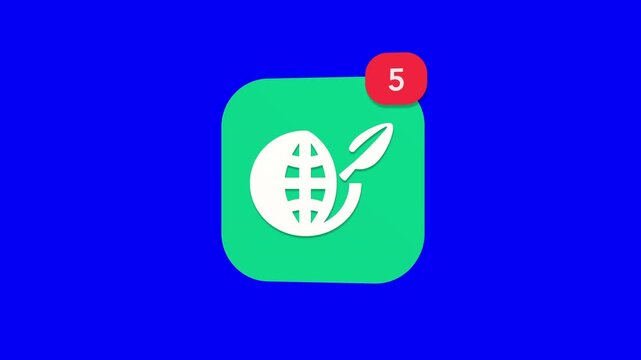 3D green organic world map globe with fresh growing side leaves showing global nature ecology environmental protection notification icon popping up on blue screen.