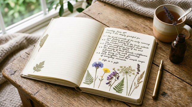 Open journal with pressed flowers, handwritten notes, herbal tea, and pen on a wooden table. A serene moment for reflection and creative expression