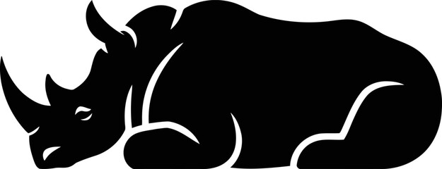 Black silhouette of a rhinoceros lying down on white background © SAYEDAJANNATUL