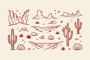 Set of hand drawn desert elements including cactus mountains and rocks in a simple line art style illustration Vector, illustration © Foysal